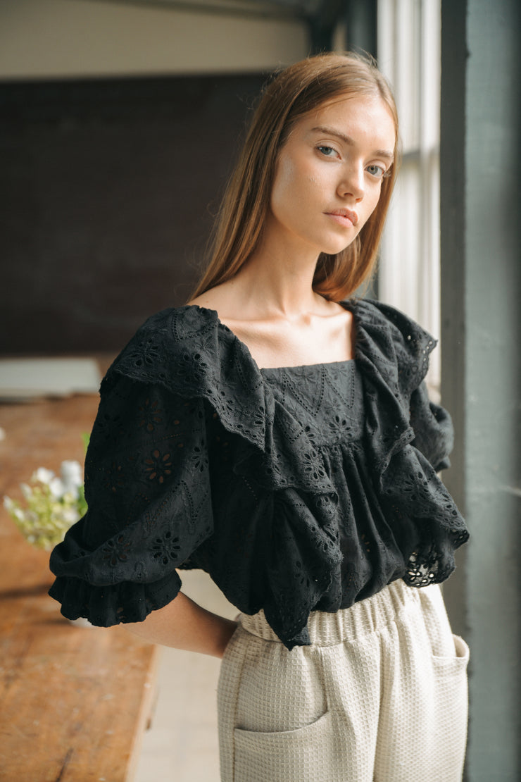 blue anemone sustainable eco friendly slow fashion brand black embroidered broderie anglaise puffed blouse Delphine ss24