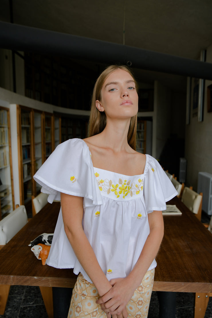 BLUE ANEMONE SUSTAINABLE ECO SLOW FASHION ORGANIC COTTON BLUE FLORAL EMBROIDERED DRESS BOUQUET TOP SS24