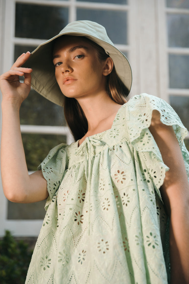 BLUE ANEMONE SUSTAINABLE ECO FRIENDLY SLOW FASHION BRAND ROMANTIC  EMBROIDERED LACE BRODERIE ANGLAISE MINT FRILLED TOP LIBELULA