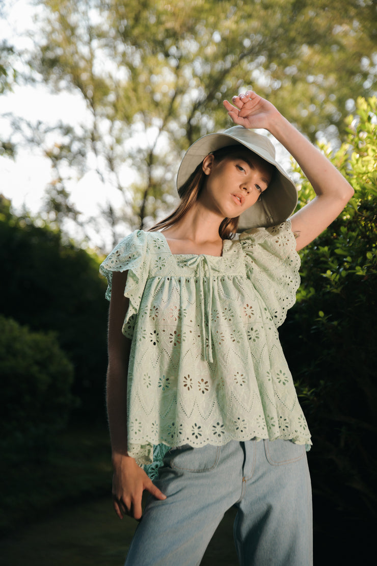 BLUE ANEMONE SUSTAINABLE ECO FRIENDLY SLOW FASHION BRAND ROMANTIC  EMBROIDERED LACE BRODERIE ANGLAISE MINT FRILLED TOP LIBELULA