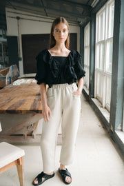 blue anemone sustainable eco friendly slow fashion brand black embroidered broderie anglaise puffed blouse Delphine ss24