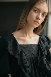 blue anemone sustainable eco friendly slow fashion brand black embroidered broderie anglaise puffed blouse Delphine ss24