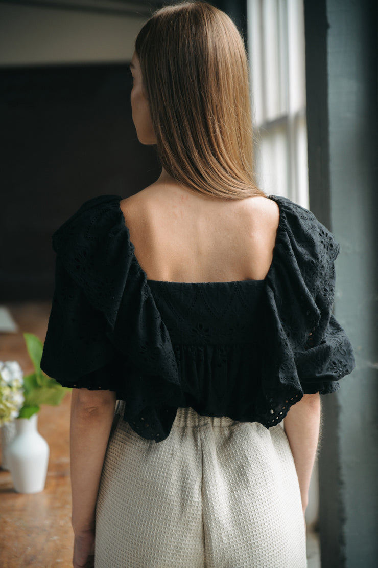 blue anemone sustainable eco friendly slow fashion brand black embroidered broderie anglaise puffed blouse Delphine ss24