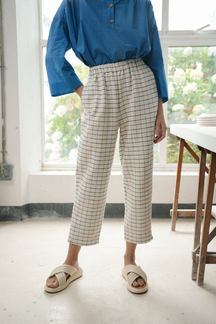 BLUE ANEMONE SUSTAINABLE ECO FRIENDLY SLOW FASHION BRAND ARTISANAL COTTON SUMMER BLUE CHECK ELASTIC WAIST BAND PANTS TROUSERS TIDE