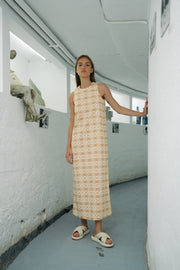 BLUE ANEMONE SUSTAINABLE ECO FRIENDLY SLOW FASHION BRAND ORGANIC FLORAL 60S 70S A LINE MAXI DRESS  POPSICLE  BEIGE