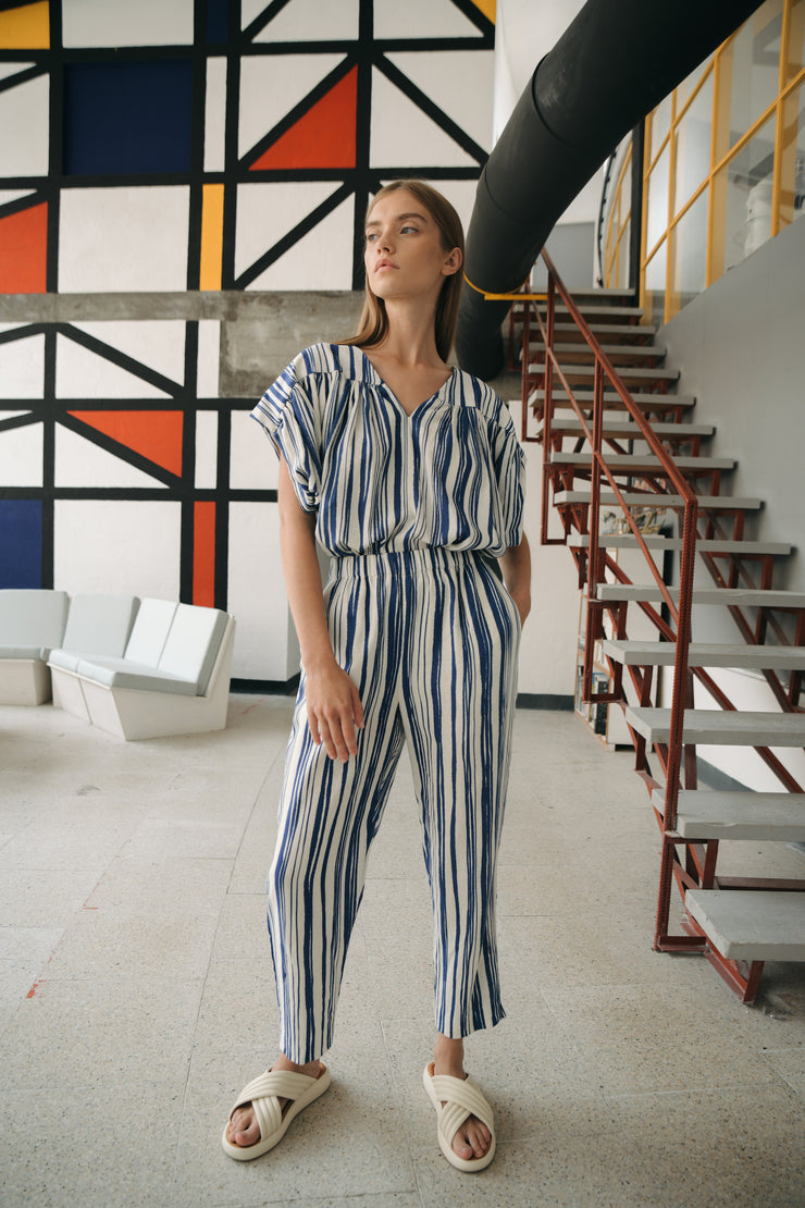 BLUE ANEMONE SUSTAINABLE ECO FRIENDLY SLOW FASHION BRAND SUMMER BLUE STRIPES FLUID COMFY ELASTIC WAIST BAND PANTS TROUSERS TIDE