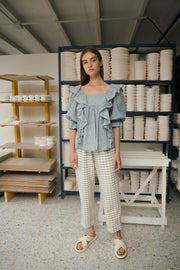 Blue anemone sustainable eco friendly slow fashion brand romantic frilled puffed sleeve blue check blouse Delphine ss24