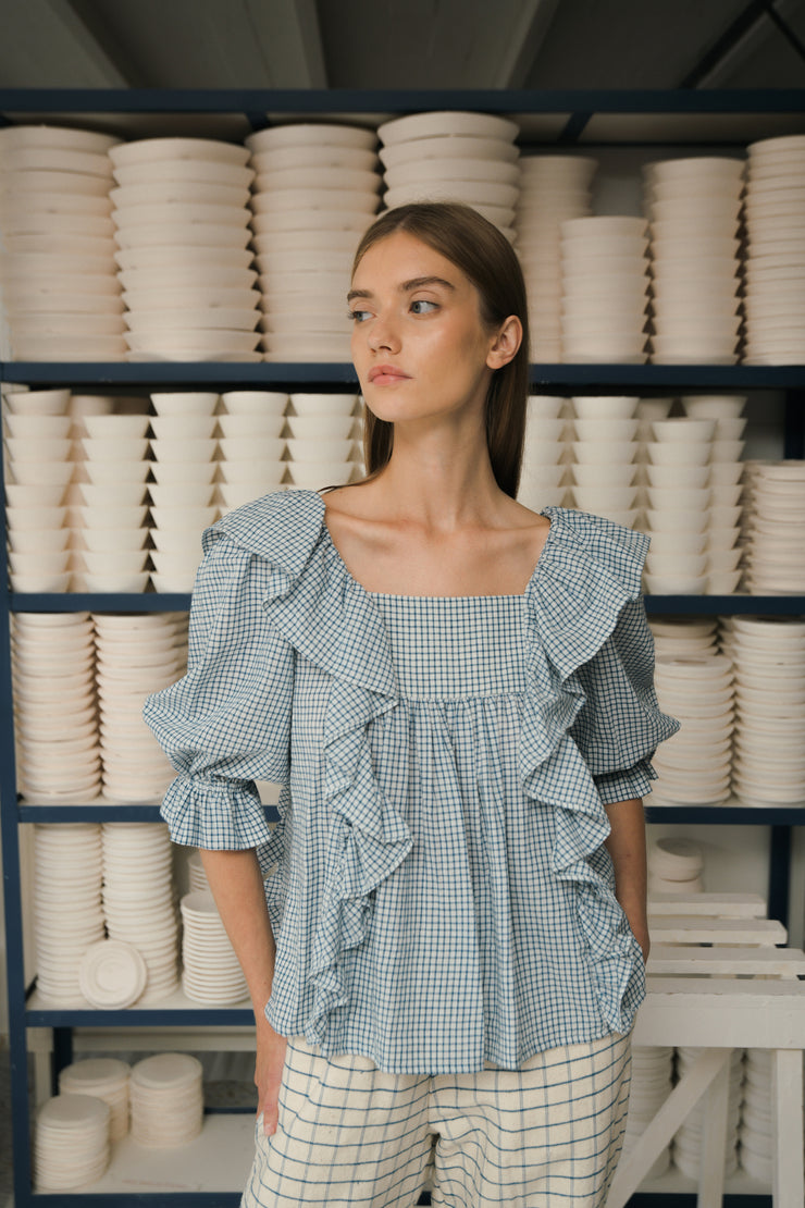 Blue anemone sustainable eco friendly slow fashion brand romantic frilled puffed sleeve blue check blouse Delphine ss24