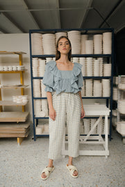 BLUE ANEMONE SUSTAINABLE ECO FRIENDLY SLOW FASHION BRAND ARTISANAL COTTON SUMMER BLUE CHECK ELASTIC WAIST BAND PANTS TROUSERS TIDE