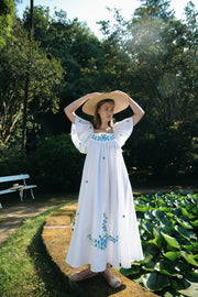 BLUE ANEMONE SUSTAINABLE ECO SLOW FASHION ORGANIC COTTON BLUE FLORAL EMBROIDERED DRESS BOUQUET BLUE SS24