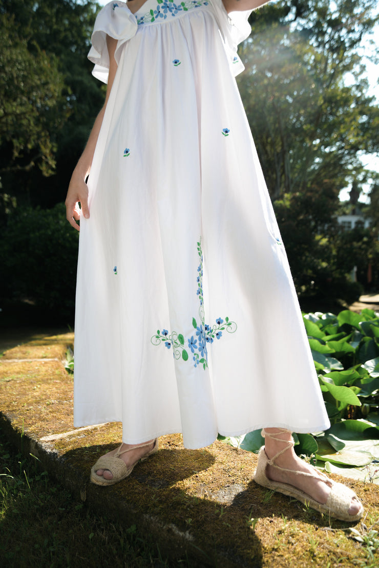 BLUE ANEMONE SUSTAINABLE ECO SLOW FASHION ORGANIC COTTON BLUE FLORAL EMBROIDERED DRESS BOUQUET BLUE SS24