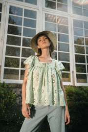 BLUE ANEMONE SUSTAINABLE ECO FRIENDLY SLOW FASHION BRAND ROMANTIC  EMBROIDERED LACE BRODERIE ANGLAISE MINT FRILLED TOP LIBELULA