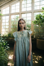 BLUE ANEMONE SS24 SUSTAINABLE ECO FRIENDLY SLOW FASHION BRAND GINGHAM VICHY CHECK LINEN DRESS EMBROIDERY ROMANTIC FRILLED MARGUERITE