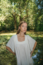 BLUE ANEMONE SS24 SUSTAINABLE ECO FRIENDLY SLOW FASHION WHITE NEUTRALS LINEN KAFTAN TUNIC STAPLE TIMELESS EMBROIDERED TUNIC LOOSE SHELL DRESS BEIGE