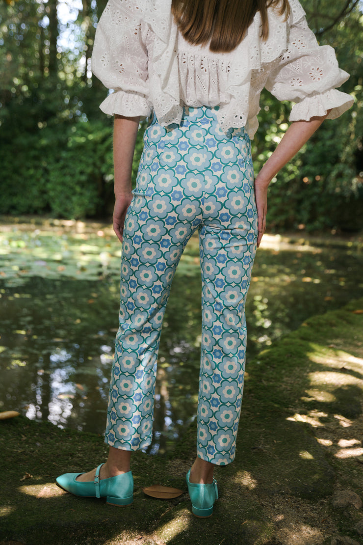 BLUE ANEMONE SUSTAINABLE ECO FRIENDLY SLOW FASHION BRAND ORGANIC FLORAL 60S 70S PANTS POP BLUE