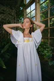 BLUE ANEMONE SUSTAINABLE ECO SLOW FASHION ORGANIC COTTON BLUE FLORAL EMBROIDERED DRESS BOUQUET YELLOW SS24