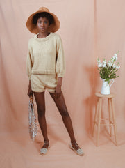 blue anemone sustainable slow fashion 60s 70s nostalgia knitted hand knitted shorts sequoia dusty tangerine