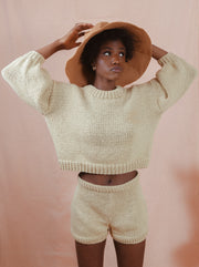 blue anemone sustainable slow fashion 60s 70s nostalgia knitted hand knitted shorts sequoia dusty tangerine