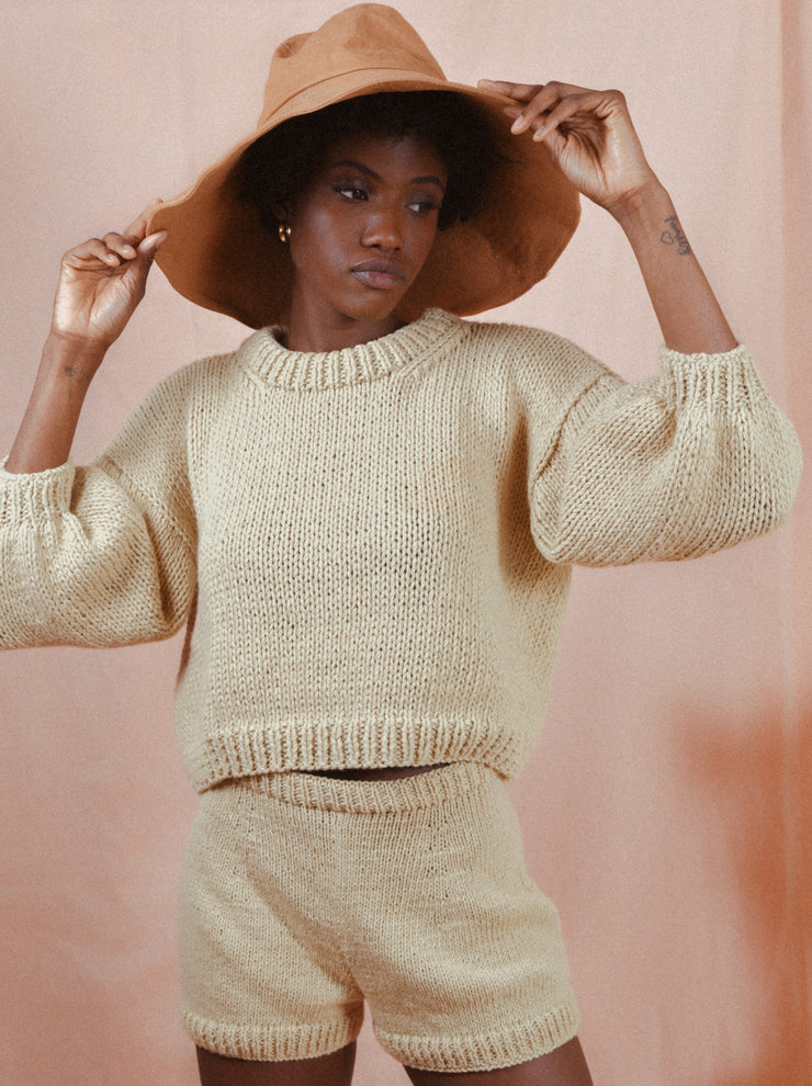 blue anemone sustainable slow fashion 60s 70s the Atlantic islands organic gots cotton hand knitted chunky spring summer sweater sequoia beige