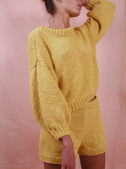 blue anemone sustainable slow fashion 60s 70s nostalgia knitted hand knitted shorts sequoia mellow yellow 