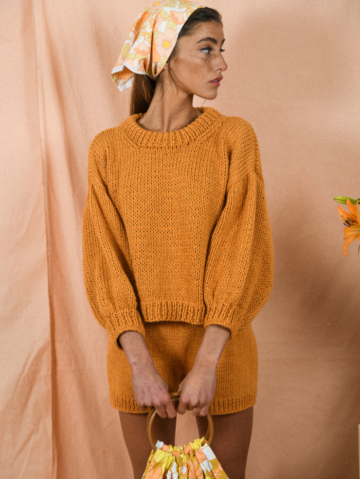 blue anemone sustainable slow fashion 60s 70s nostalgia organic gots cotton hand knitted chunky spring summer sweater sequoia dusty tangerine