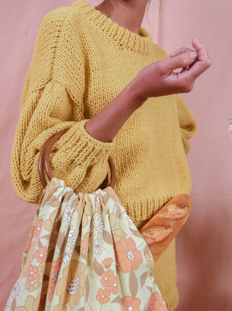 blue anemone sustainable slow fashion 60s 70s nostalgia organic gots cotton hand knitted chunky spring summer sweater sequoia mellow yellow